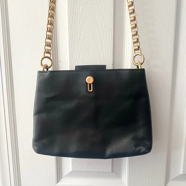 Tory Burch Lily Black Leather Slim Multi Pocket Gold Chainlink Crossbody Handbag - Image 2