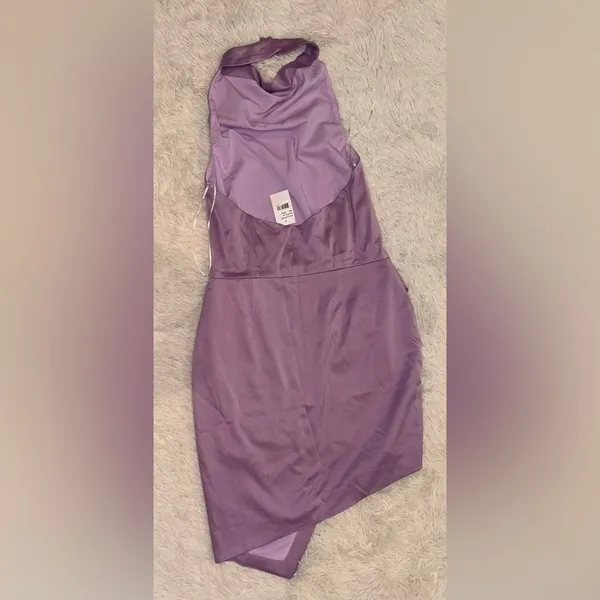 NWOT Elliatt Camo Asymmetric Satin Cocktail Dress in Lavender Sz L - Image 5