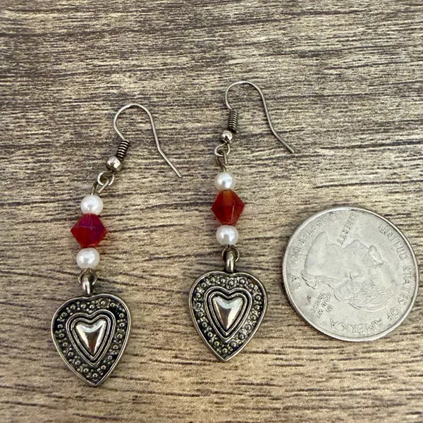 Silver Tone Heart Dangle Earrings w/ Red & White Beads Valentine’s Day - Image 3