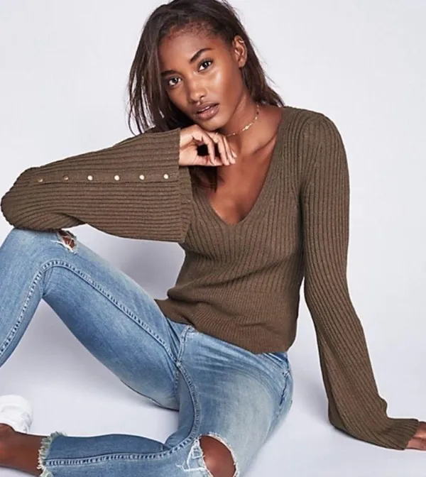 Free People Viola Rust Knit Sweater Top Studded Bell Sleeves Boho - Image 2