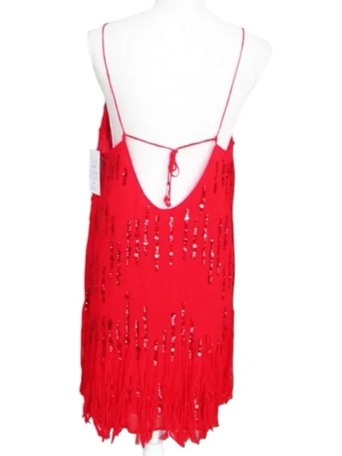 Free People Red Crystal Clear Fringe Retro Flapper Round Neck Thin Strap Dress S - Image 9