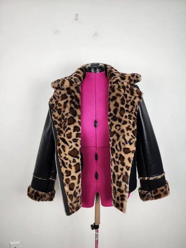 Black Faux Leather Moto Jacket with Leopard Faux Fur Accent - Image 12