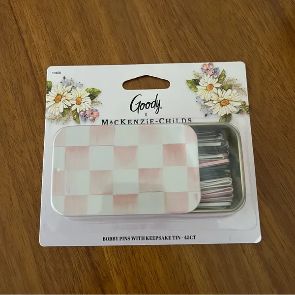 New Goody MacKenzie Childs Matchbox Pink Courtly Check Keepsake Tin Bobbies 20ct - Image 2