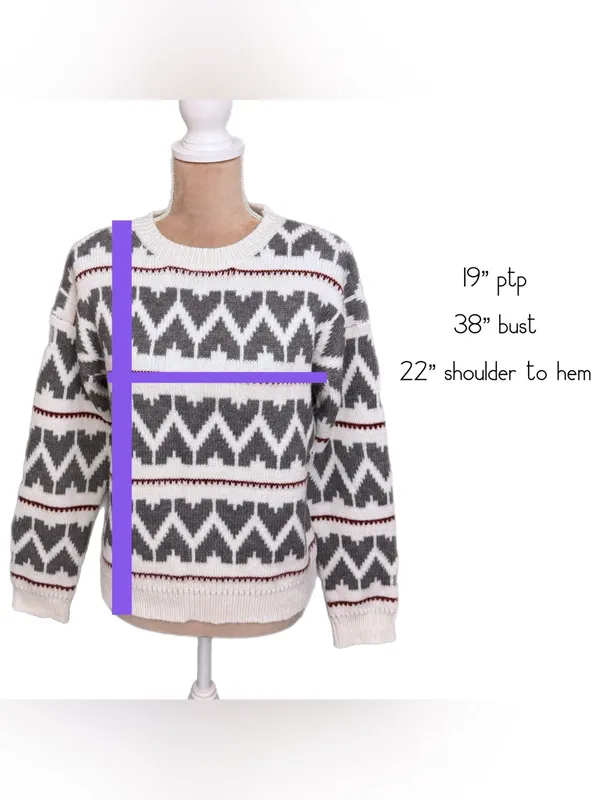 LA MEIL Knit Sweater Women’s Size Small Fair Isle Boho Pullover Cream Gray New - Image 7