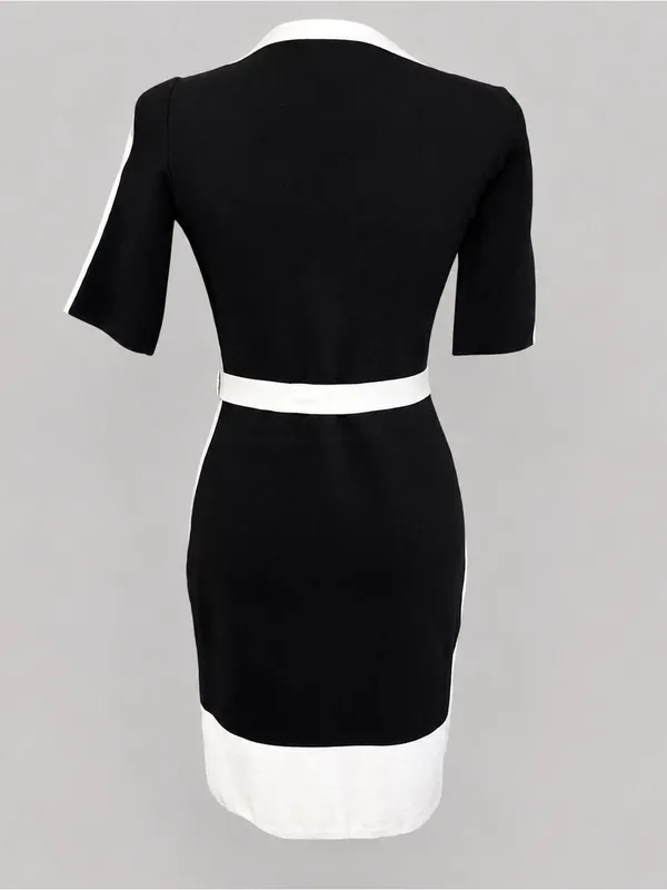 Lauren Ralph Lauren XS Black White Colorblock Belted Sheath Dress Stretch Knit - Image 6