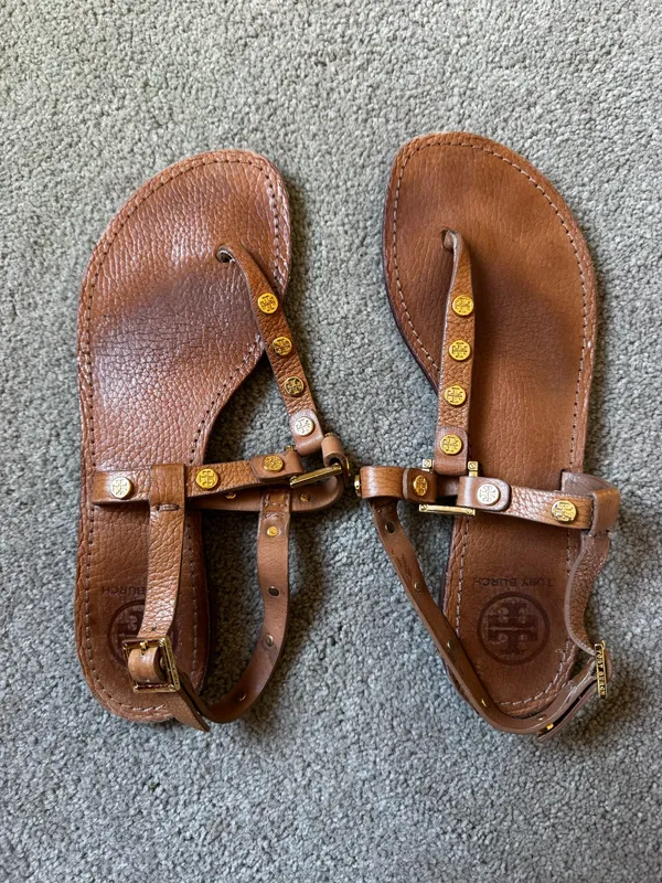 Tan Tory Burch Sandals with Gold Logos - Image 4