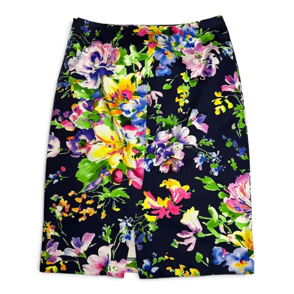 Lauren Ralph Lauren Cotton Stretch Knee Length Pencil Skirt Navy Blue Floral 4 - Image 3