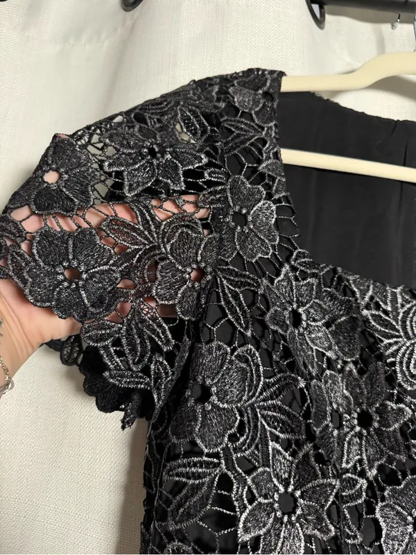 Eliza J Petite Black and Silver Square Neck Lace Fit and Flare Dress Size 10 P - Image 11