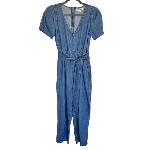 Madewell Women Size 2 Linen Blend Blue Chambray Jumpsuit v6x - Image 3
