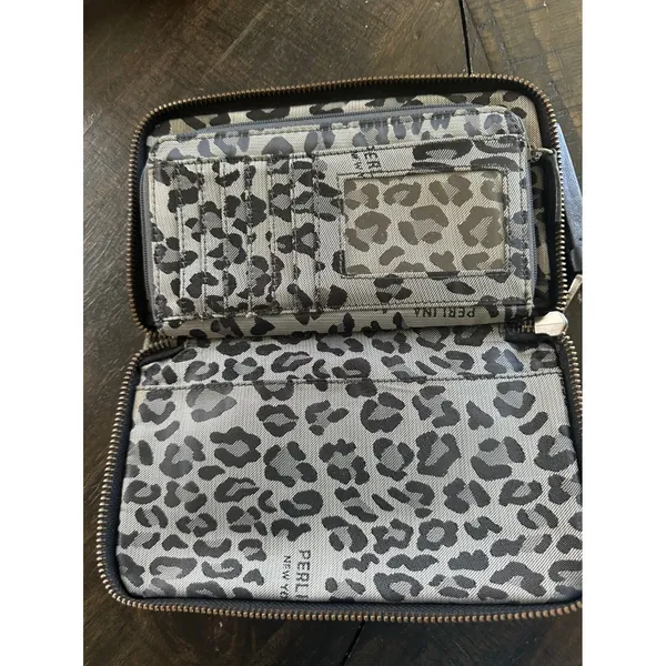 Perlina New York Black Leather Studded Zip Around Wallet Leopard Print Interior - Image 6