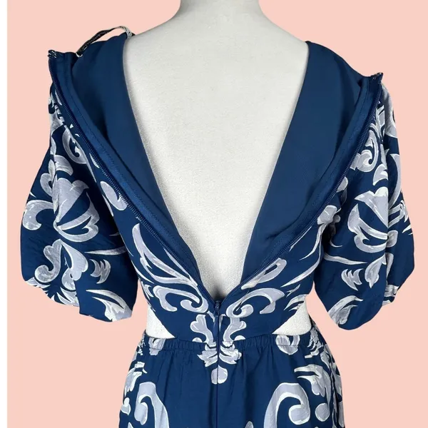 Abercrombie & Fitch Dress XS Blue Waist Cutout Damask Puff Sleeve Maxi Midi Boho - Image 14