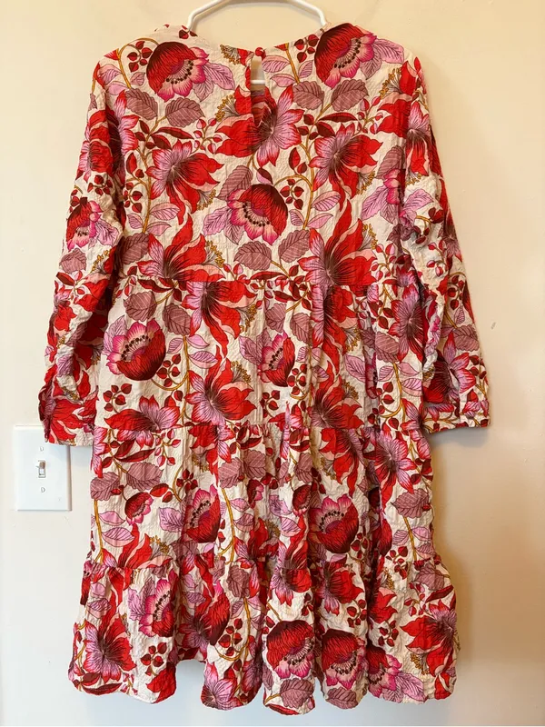 ZARA Sharon Crinkled Textured Floral Print Tiered Mini Dress Red/Pink Sz Large - Image 11