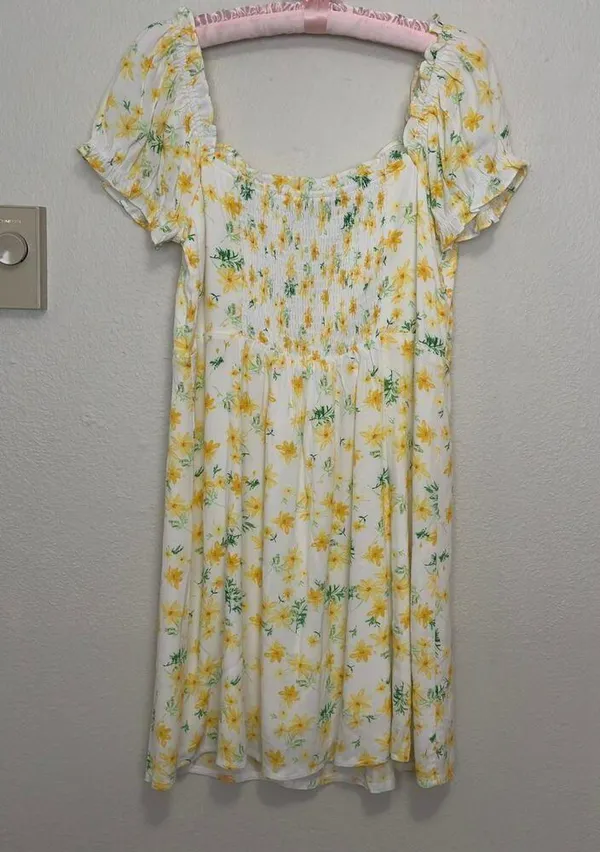 Large Sophie Rue Rayon Puff Sleeve Mini Dress Butter Yellow Floral Sundress - Image 6