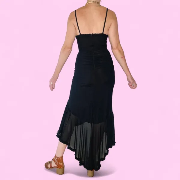 Asymmetrical Ruffle Hem Ruched Mesh Hi-Low Black Glam Party Dress - Image 5