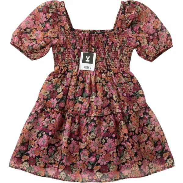 Very J Floral Smocked Mini Dress Pink Orange Square‎ Neck Puff Sleeve Small NEW - Image 3