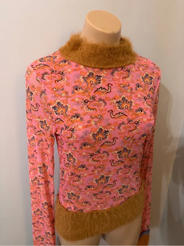 Free People Cosmo Cuff Fuzzy Furry Mesh Sheer Pink Combo Rose Long Sleeve Top XL - Image 4