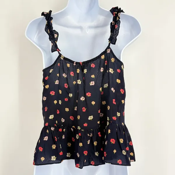 Madewell‎ Silk Floral Ruffle Peplum Cami Tank Top Womens Sz 2 Black Whimsigoth - Image 4
