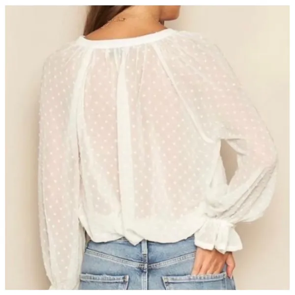 Zara Women Blouse Medium White Polyester Swiss Dot V-Neck Ruffle Cuff Romantic - Image 4