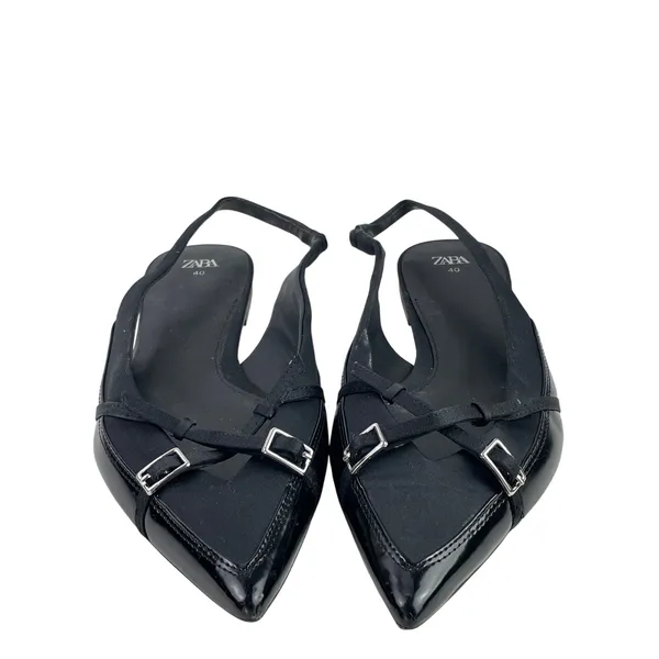 Zara Women's Black Faux Leather Pointed Toe Slingback Buckle Flat Sandals Size 9 - Image 2