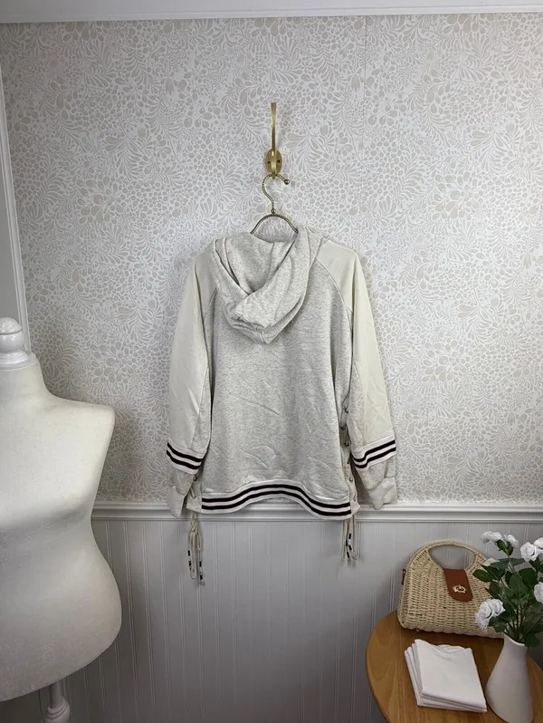 POL Cream & Gray Oversized Boho Stripe Cowl Neck Lace-up Hoodie - Size - Medium - Image 6