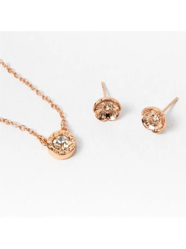 NEW Coach Open Circle‎ Necklace And Tea Rose Stud Earrings Set Rose Gold Jewelry - Image 3