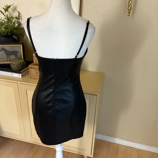 H:OURS Doyle Mini Dress Black Faux Leather Size Small‎ - Image 5