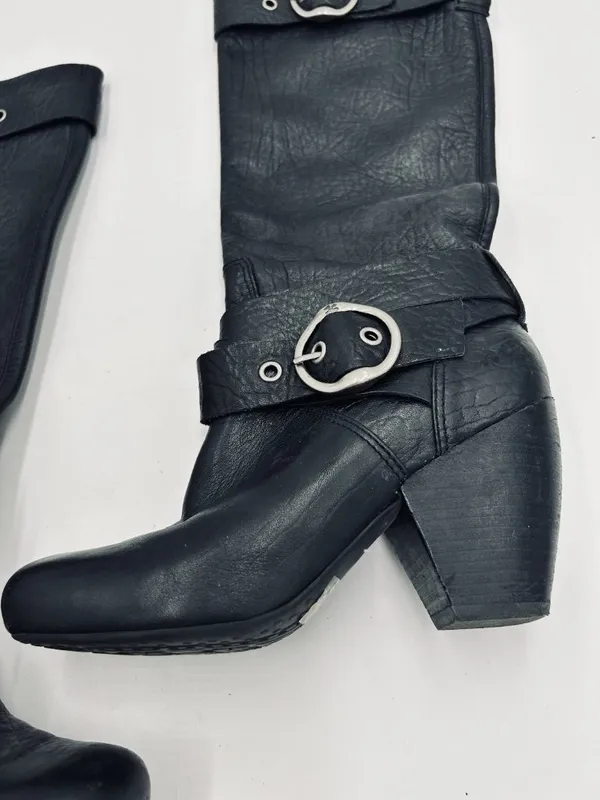 Lucky Brand Black Leather Candie Knee High Boots 6.5M Block Heel Double Buckle - Image 3