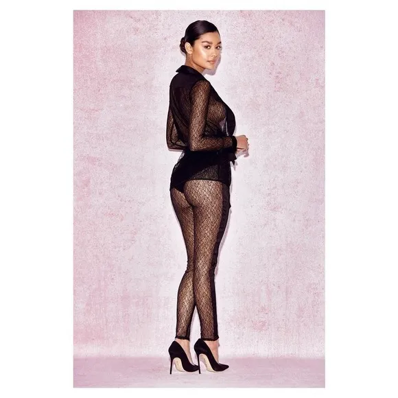 House Of CB London SHEER BLACK LACE TUXEDO AND TROUSERS TWO PIECE SET - Image 4