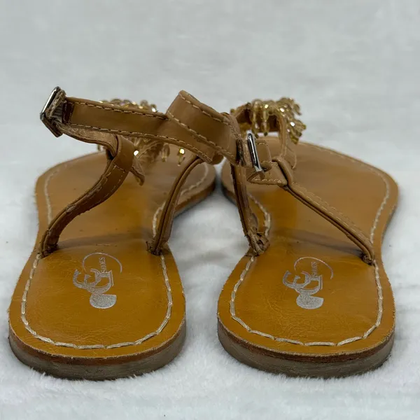 GC Shoes Andrea Beaded T-Strap Slingback Sandals Tan Gold Womens Size 7 Flat‎ - Image 4