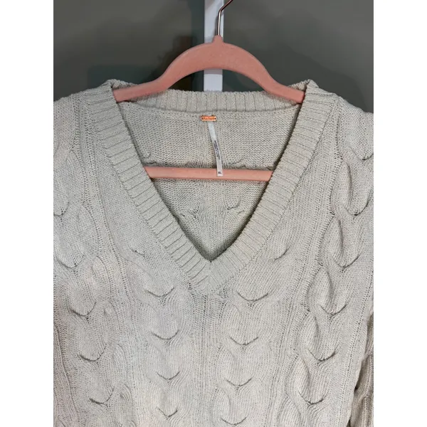 Free People Washed Cable V-Neck Knit Sweater Cream XL NWT Quiet‎ Luxury - Image 5