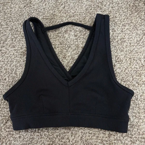 Alo Yoga Ribbed V Neck Sports Bra Women XS Black Wrap Back Activewear Athleisure - Image 12