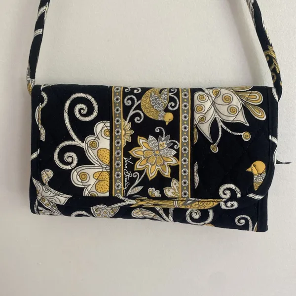 VERA BRADLEY Hanging Wallet Purse Crossbody bag Black Yellow White Small - Image 4