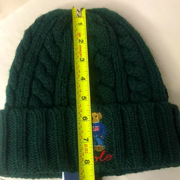 RALPH LAUREN Green Cable Knit Hat w/ Bear Wearing American Flag Sweater O/S NWT - Image 7