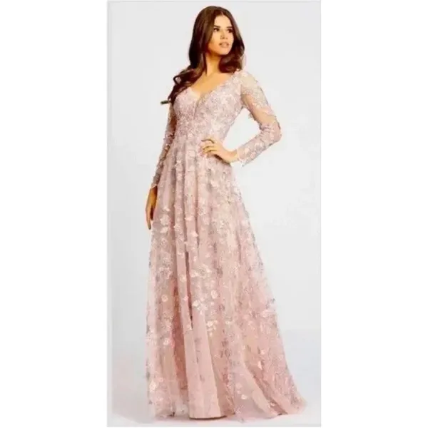 NWT Mac Duggal‎ 70224 Pink Floral Applique Long Sleeve Illusion Gown Size 10 - Image 6