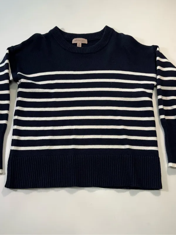 Philosophy Navy and White Striped Crewneck Sweater Size Medium - Image 2