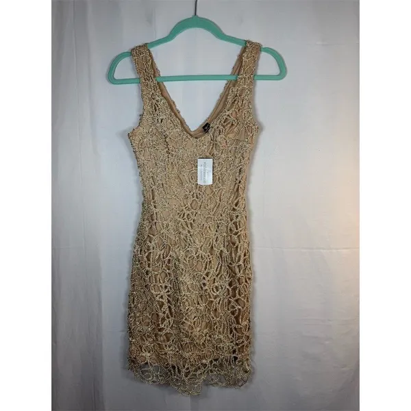 Windsor Dress Womens S Gold Gold Beaded Sequin Bodycon Mini V-Neck - Image 3