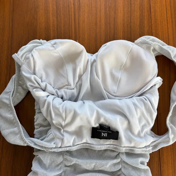 Vintage IN San Francisco Dress S Silver Shimmer Ruched Mini Y2K Clubwear Party - Image 11
