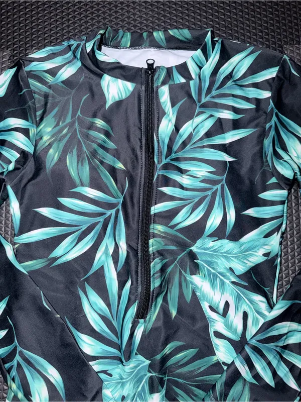 SHEIN Black One-Piece Rash Guard Swimsuit with Green Tropical Leaf Print - Image 9