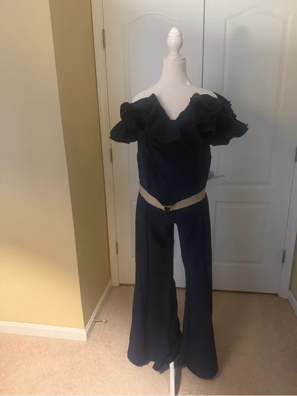 Loragal off-Shoulder Navy Ruffle Wide-Leg Jumpsuit with gold Belt side zip NWT - Image 2