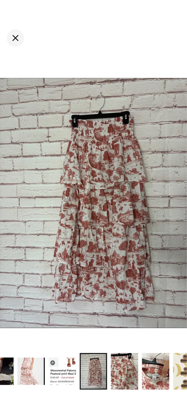 WeWoreWhat Paloma Tiered Pastoral Toile Maxi Skirt Like New Large. Smocked stretchy waist. Beautiful layered ruffles. Rust red/white. Boho/festival vibe. AirTag missing, but this is definitely cotton or cotton blend. 37” long 13.5-16” waist - Image 3