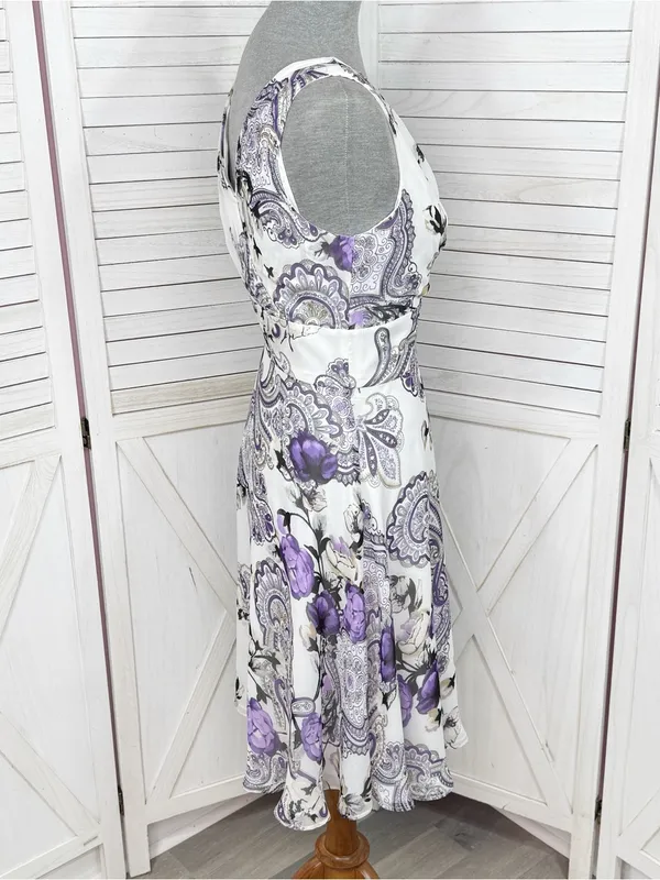 WHBM Floral Paisley Chiffon Fit Flare Sleeveless Dress White Purple Size 6 Fairy - Image 3