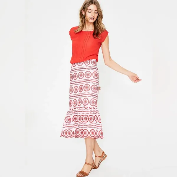 Boden Broderie Embroidered‎ Scalloped Lined Hem Midi Skirt Red White Size 2P - Image 4
