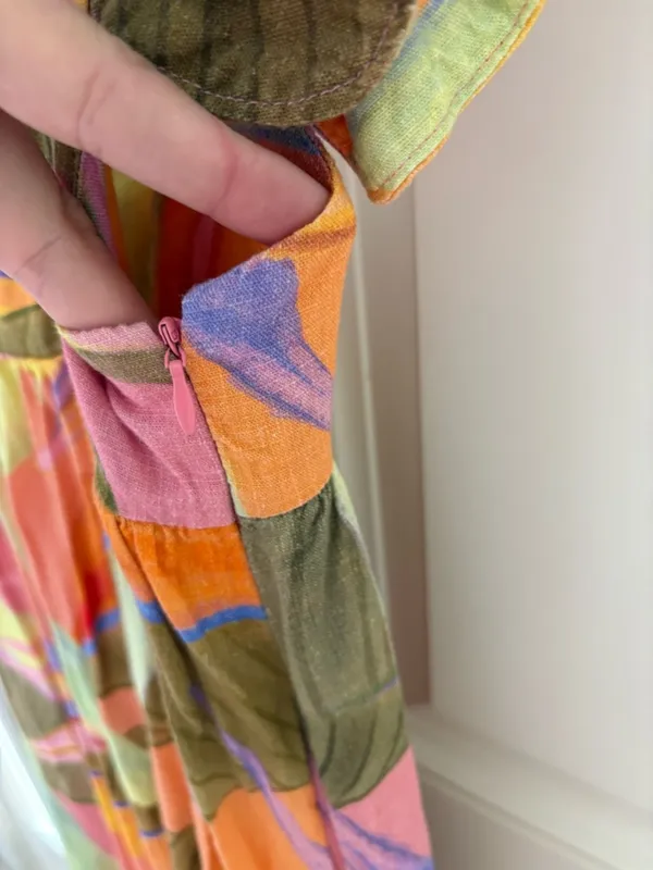 Revolve Kourt Pink Green Tropical Print Square Neck Ruffled Linen Mini Dress NWT XS - Image 9