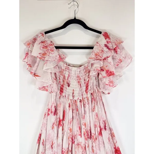 MISA Dress Pink Dina Mini Off Shoulder Smocked Abstract Rose Flowy Coquette XS - Image 6