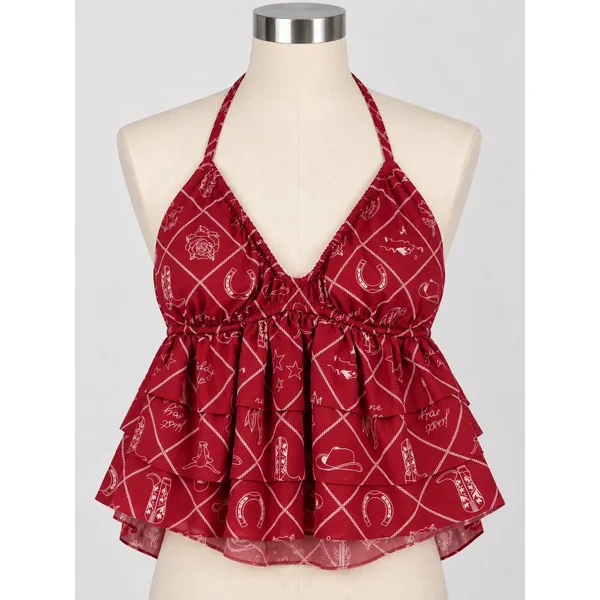 Wild Fable Burgundy Western Cowboy Print Halter Babydoll Peplum Top Red Medium NEW - Image 2