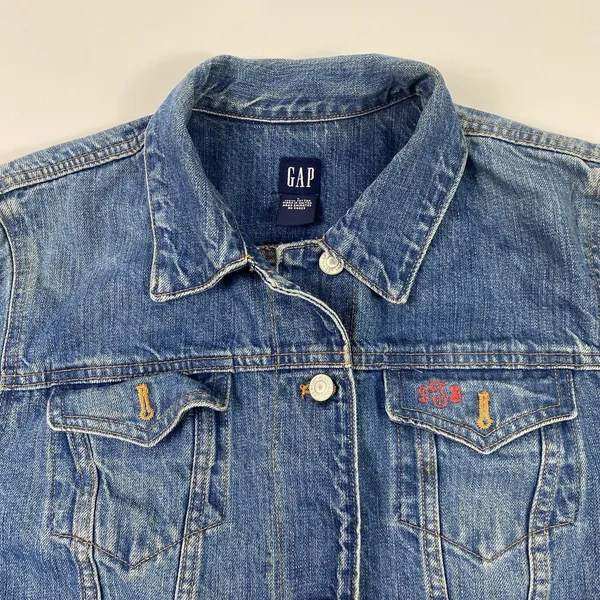GAP Jeans Denim Trucker Jacket Womens Large Blue Button Front Monogram DJB Faded - Image 2
