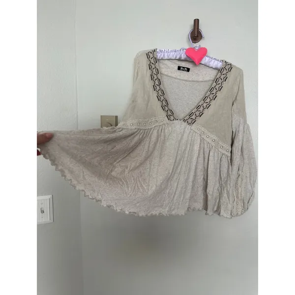 Miss Me Linen Babydoll Lace Embroidered V-Neck Top Flowy Coastal Cowgirl - Image 3