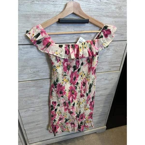 NWT Abercrombie & Fitch Pink Floral Smocked Off Shoulder Mini Dress - Image 3