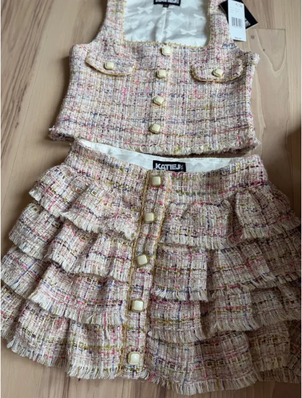 Katie J NYC Tiered Tweed Top and Mini Skirt - Pink Multi - Image 2