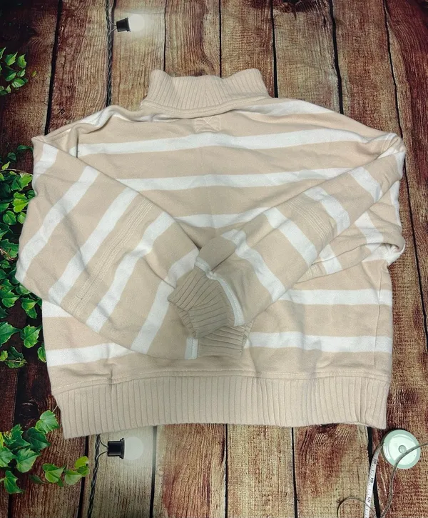 Aerie Half Zip Sweatshirt Striped Cream/White Size M - Image 5